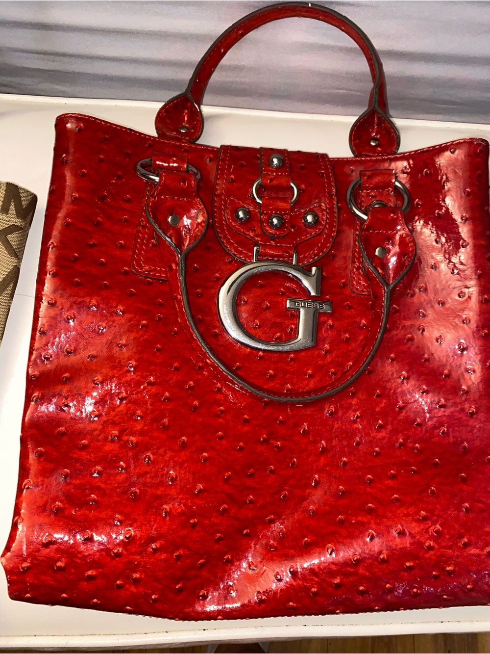 Guess Red Patent Faux-Ostrich Tote with G Emblem